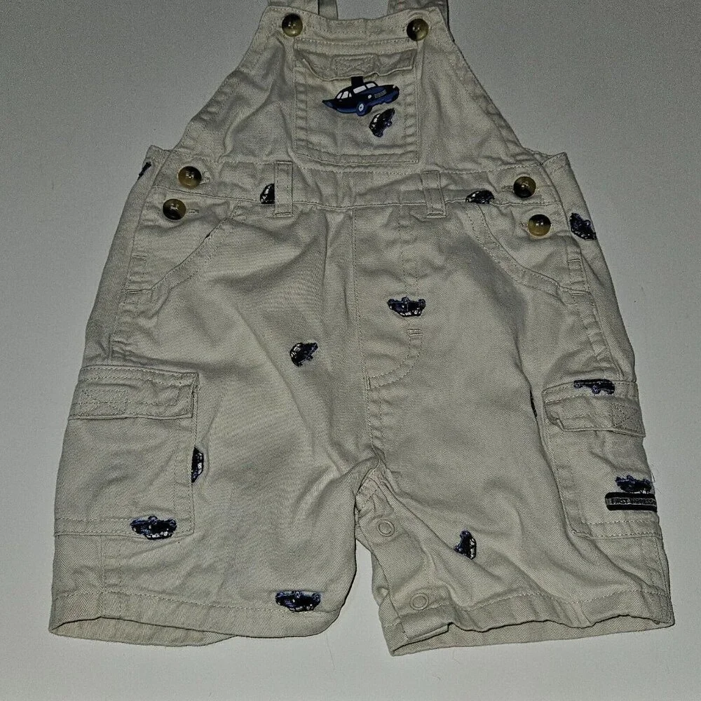 First Impressions Shirt Shortalls Outfit Tan Blue Embroidered Cars 6/9 Months